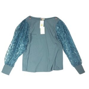 Easel Blouse Womens 1X Blue Teal Sheer Organza Balloon Sleeve NWT